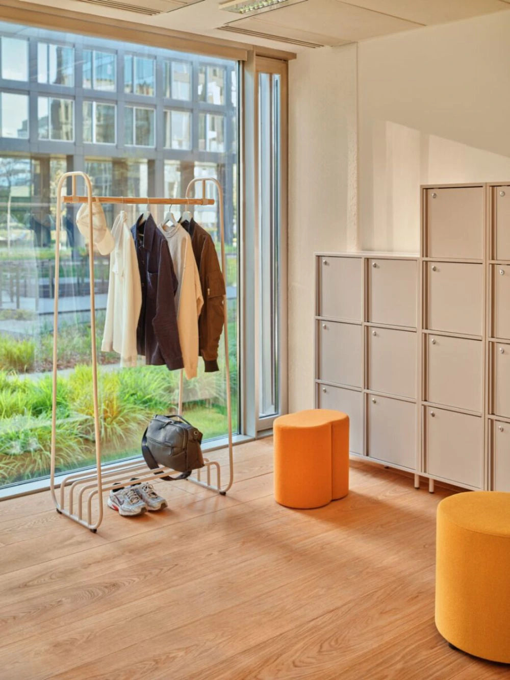 Mono Coat Hanger with Rail in White Finish with Orange Pouffe and Beige Lockers