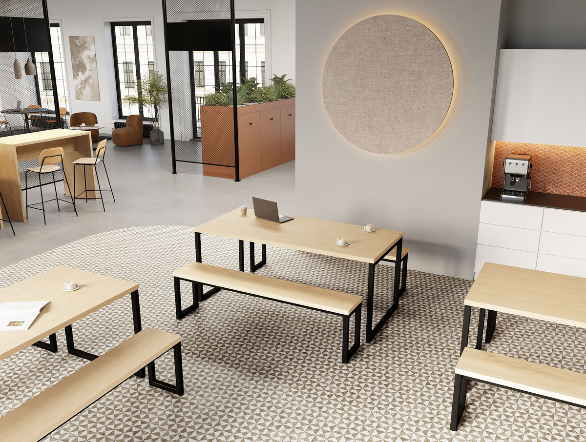 Nestro Bench Seating and Table with Line Upholstered Stool and Nestro Hightop Table and Decora Modular Zoning System and Key Modular Back 2 Back Wooden Cupboard in Modern Office Setting