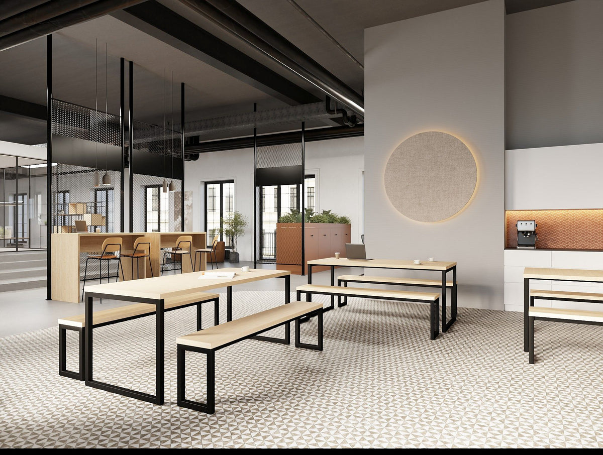 Nestro Bench Seating and Table with Line Upholstered Stool and Nestro Hightop Table and Decora Modular Zoning System and Key Modular Wooden Cupboard and Ionic Zoning System in Modern Office Setting 2