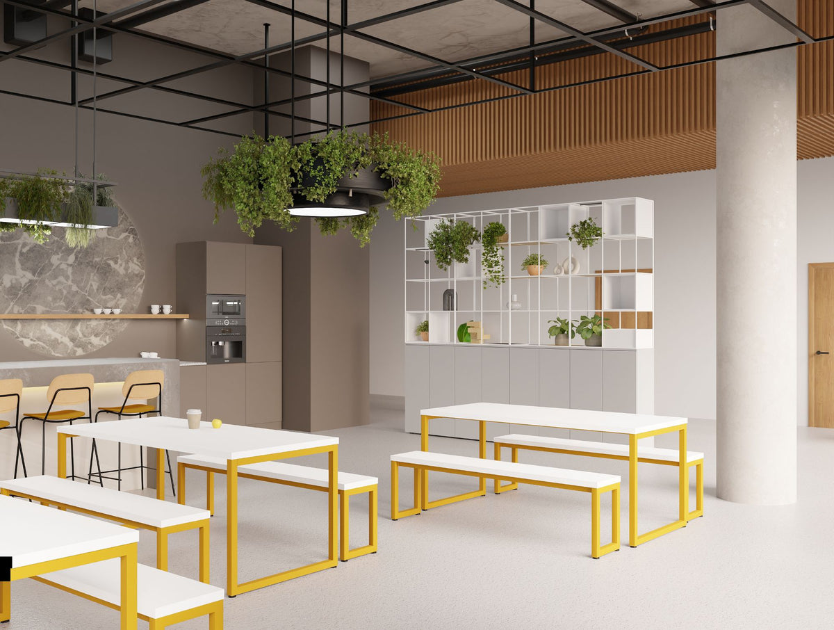 Nestro Rectangular Table and Benches with Line High stool and Ionic Modular Zoning System on Tall Storage in Breakout Setting 6