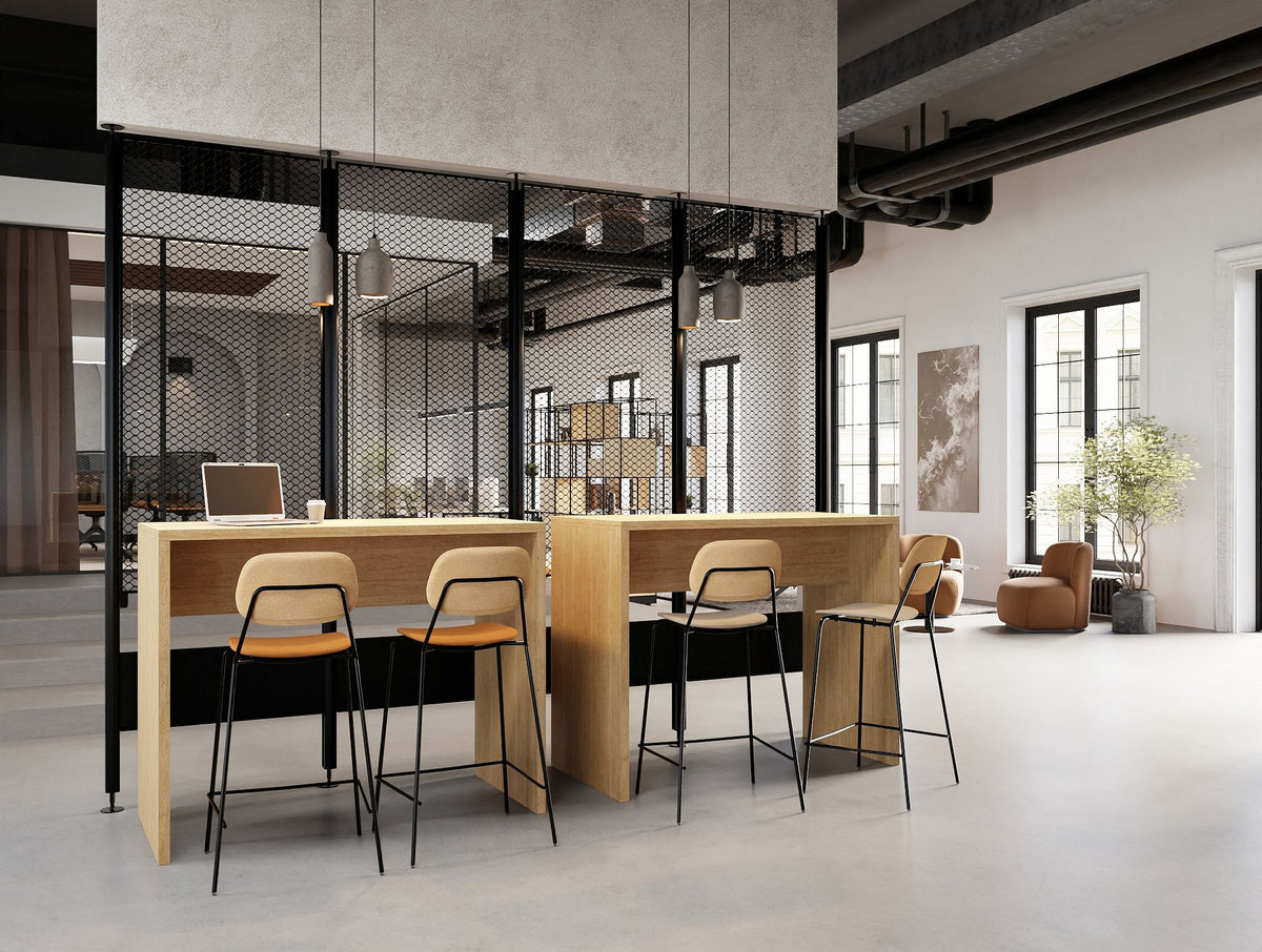 Nestro Wooden Hightop Table with Fully Upholstered Line Stool and Decora Modular Zoning System and Ionic Modular Zoning and Vela Meeting Room Chair in Modern Office Setting