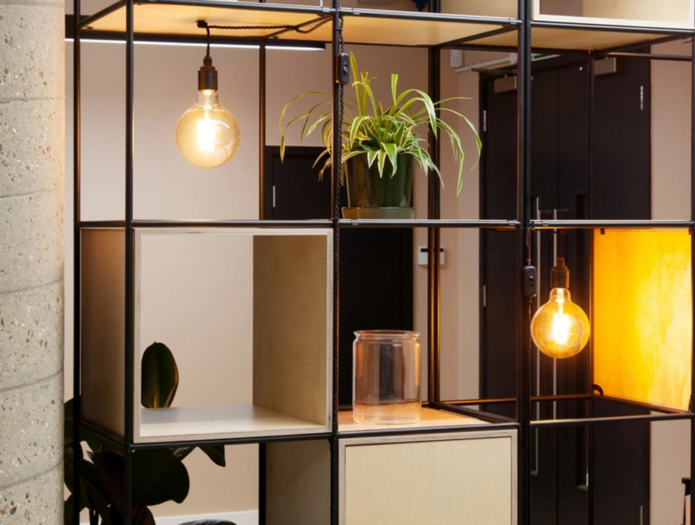 Palisades Metal Grid Office Space Dividers With Pot Plant Shelf Alcove And Lighting