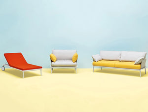 Pedrali Reva Twist Lounge Outdoor Armchair 2 In White With Yellow Cushions In Lounge Area With Sofa And Chaise