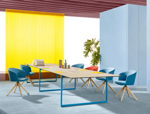 Pedrali Toa Rectangular Table 2 In Wooden Top Finish And Blue Legs With Chairs In Working Space