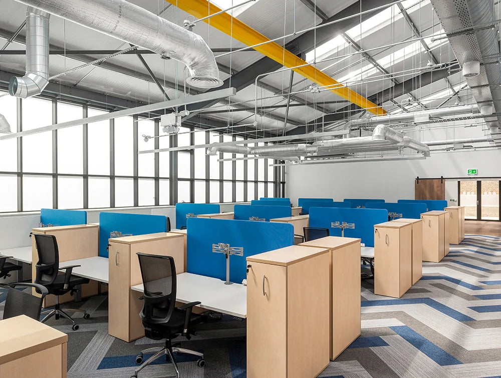 Precision Office Double Sit Stand Desks With Monitor Arms Screens And Mesh Chairs