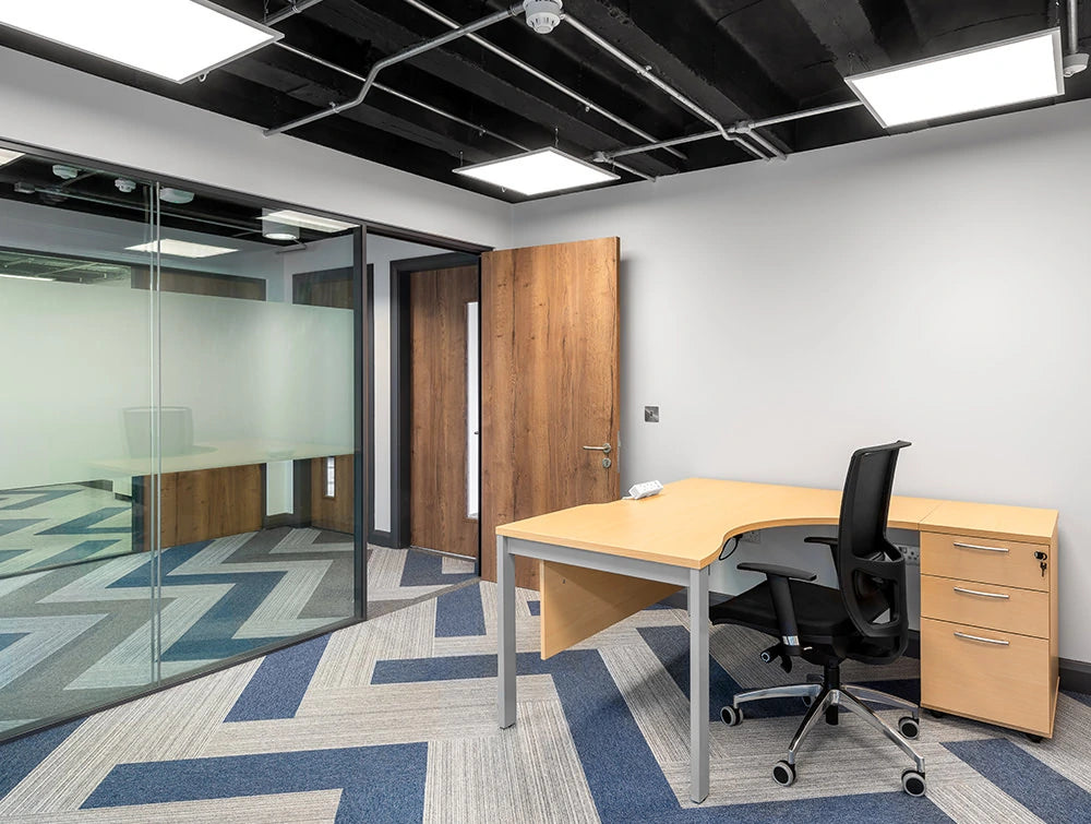 Precision Software Manager Radial Desk With Pedestal And Black Ergonomic Mesh Chair