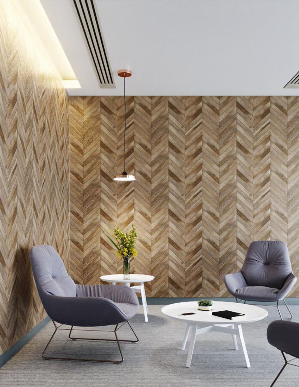 Ezoboard Print Sheet Wall Panel In Wooden Style With Acoustic Hanging Lamp And White Round Coffee Table In Breakout Setting