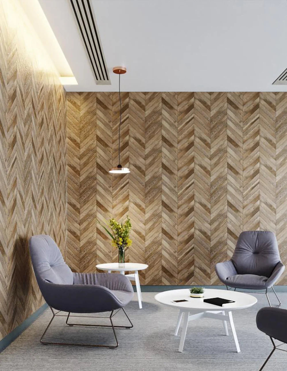 Ezoboard Print Sheet Wall Panel In Wooden Style With Acoustic Hanging Lamp And White Round Coffee Table In Breakout Setting