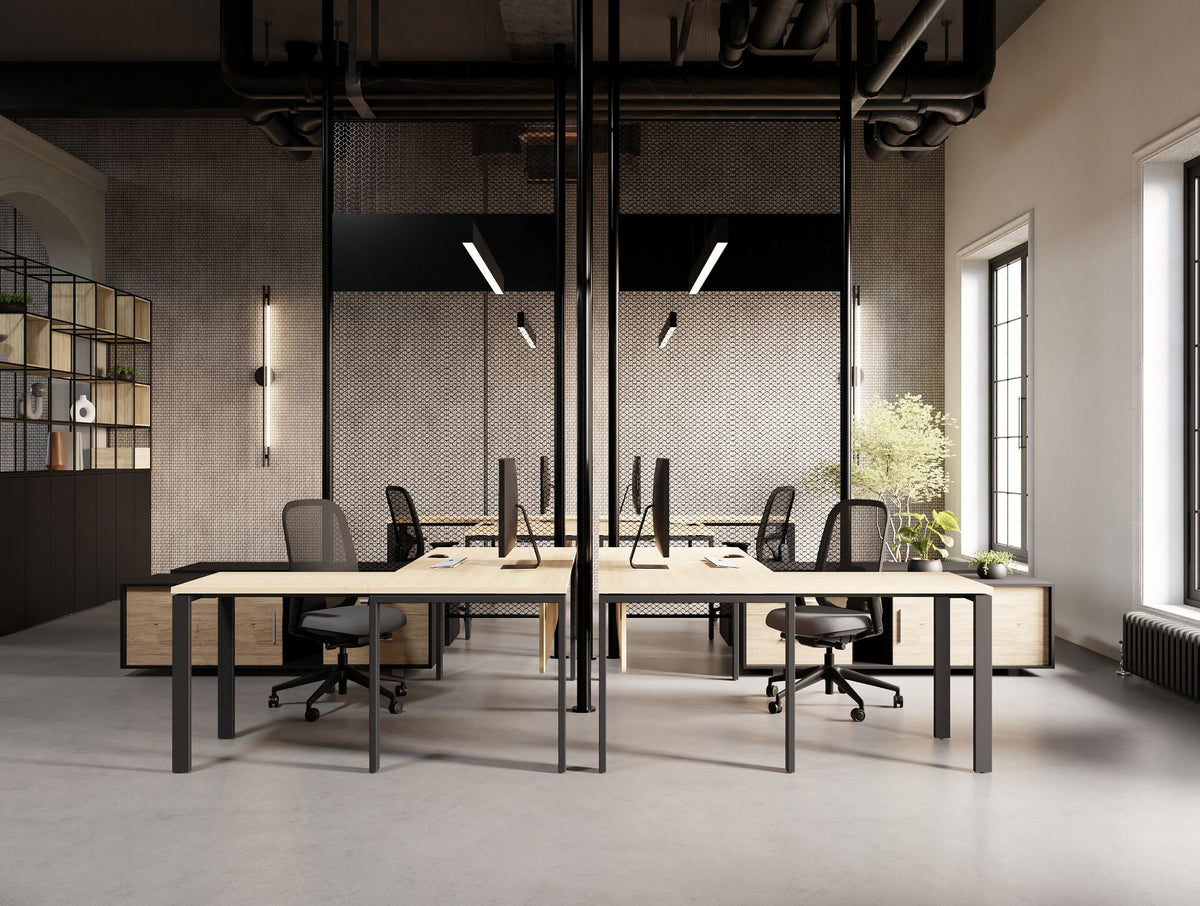 Profil Executive Desk with Credenza Unit and Contour Ergonomic Chair and Decora Modular Zoning System and Ionic Storage in Modern Office Setting 3