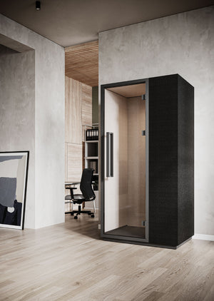 Quadra Acoustic Phone Booth with Ergonomic Chair and Wall Art in Office Setting