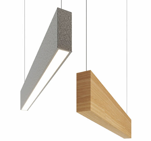 Ezoboard Rail Led Acoustic Hanging Light In Wooden Finish With White Rectangular Mobile Table And Blue Tub Chair In Breakout Setting
