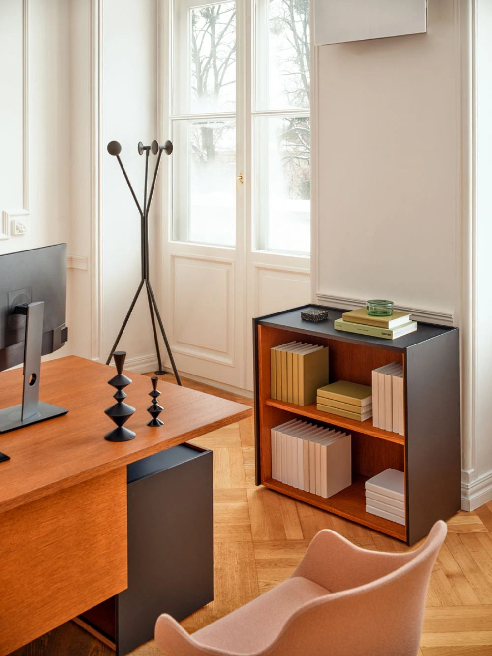 Ramo Coat Hanger with Wood Knob in Grey Finish with Black Side Storage and Wooden Executive Desk