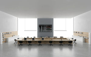 Rectangular Boardroom Table in Light Oak Finish with Task Chairs and Bookshelves in Modern Office Setting
