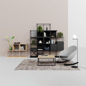 Saar Modules Metal Shelving Unit with Rocking Chair and Floor Rug in Studio Setting