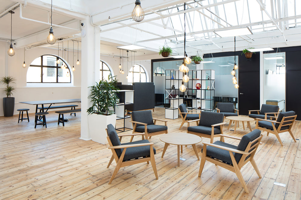 Scandi Upholstered Lounge Armchair With Coffee Table And Bench In Breakout Setting