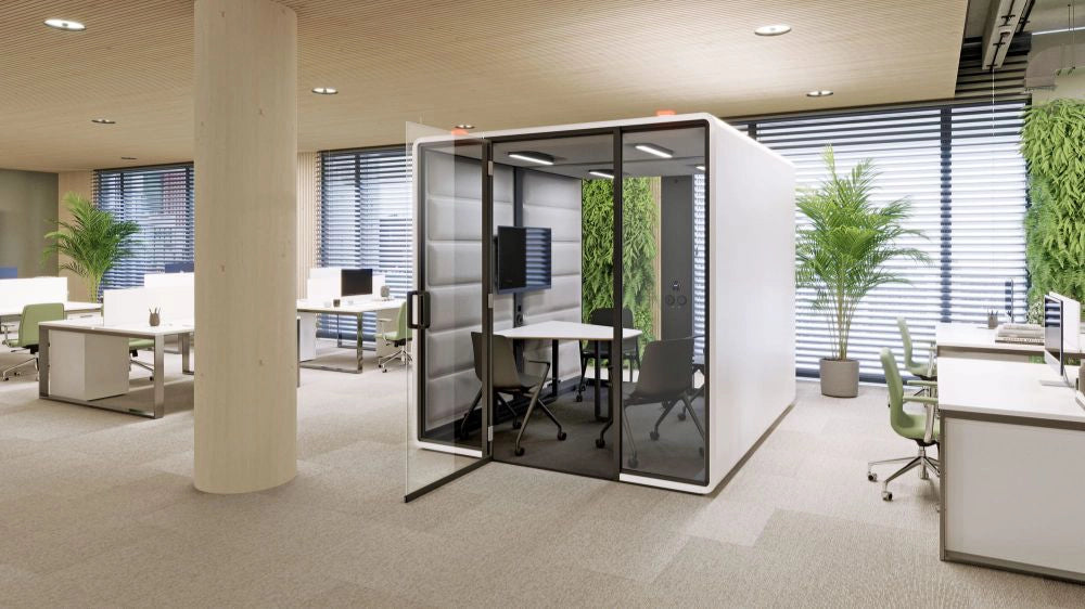 Smart Office Hush Free Access L Acoustic Closed Meeting Pod in White Interior with Grey Armchair with Castors in Modern Office Setting