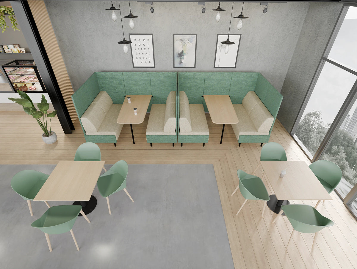 Snug 4 Seater Green Open High Back Meeting Pod with Malin Canteen Chair and Key Cylinder Base Canteen Table in Breakout Setting