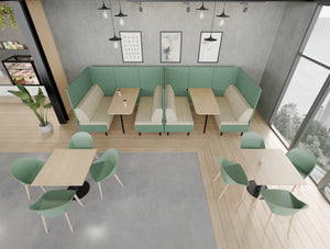 Snug 4 Seater Green Open High Back Meeting Pod with Malin Canteen Chair and Key Cylinder Base Canteen Table in Breakout Setting