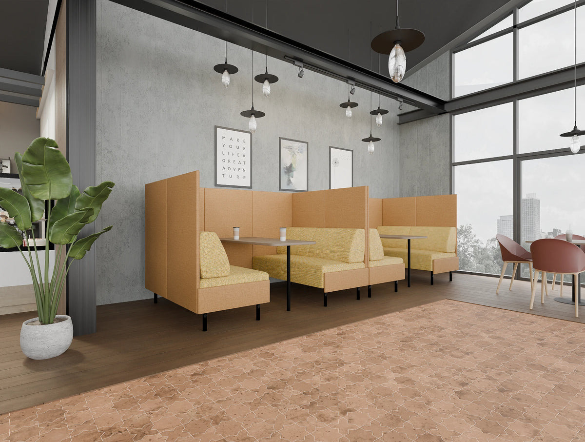 Snug 4 Seater Light Orange Open High Back Meeting Pod with Malin Canteen Chair in Breakout Setting