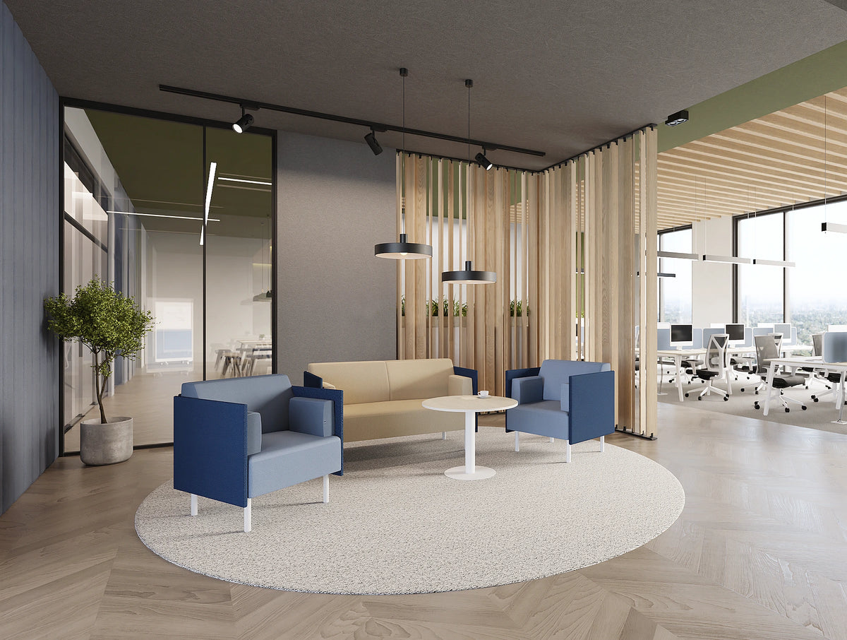 Snug Low Back Office Chair Blue Finish and 2 Seater Sofa with Key Round Cylinder Base Table and Galen Meeting Room Chair in Modern Office Setting