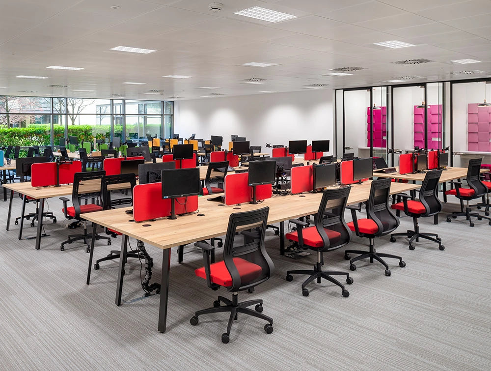 Social Talent Office Layout Beech Back To Back Desks With Red Desk Screens And Red Mesh Ergonomic Chairs