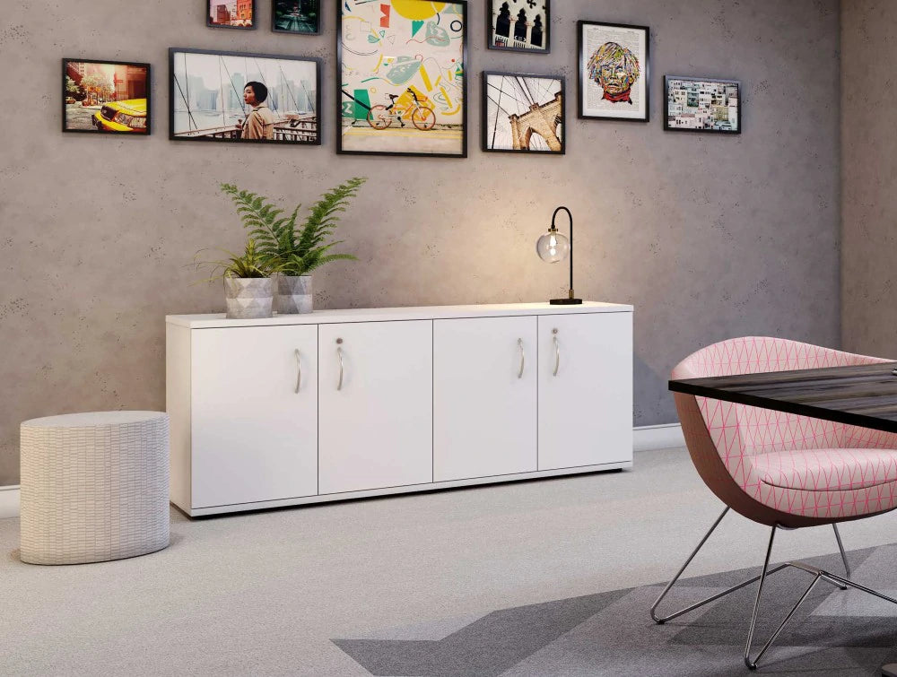 Spacestor Forte Credenza Customizable Cupboard Storage 2 In White With Grey Pouf And Planters