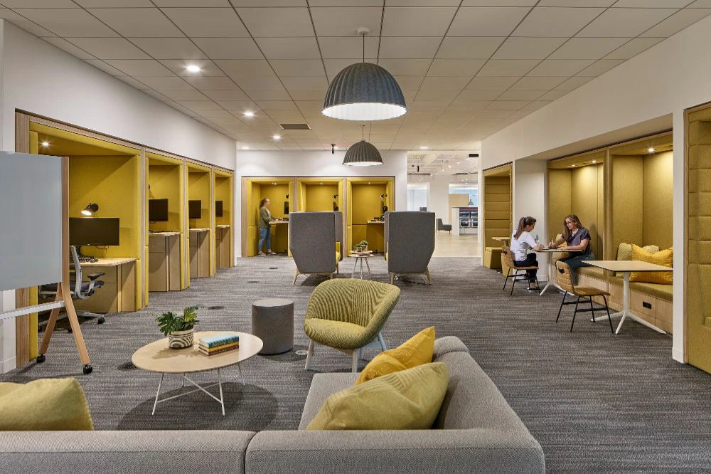 Spacestor Portals Individual Working Space with Sofa with High Back anf Round Coffee Table in Meeting Area