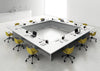 Square Shaped Boardroom Table in White Finish with Mobile Chair in Modern Office Setting