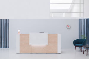Tera Modular Reception Desk with Lounge Seating and Coffee Table in Reception Setting