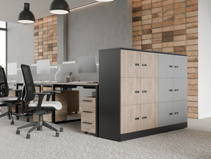 Uno 3 Level Locker Storage System with Key Wooden Mobile Pedestal and Aria Ergonomic Chair and Light Desk Screen Attached to Key Bench Desk in Modern Office Setting