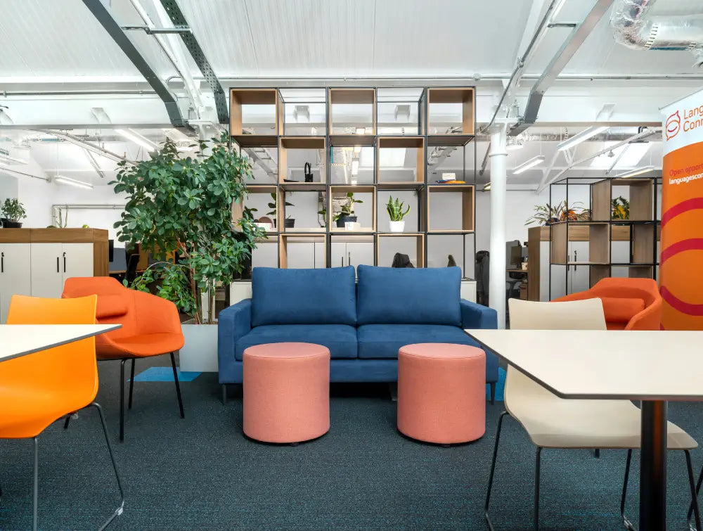 Upholstered Sofa with Pouffe and Indoor Plant in Canteen Setting