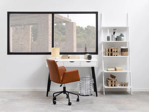 Victoria Home Office Desk White with Black Legs and White Drawers 4 with Brown Leather Wire Basket