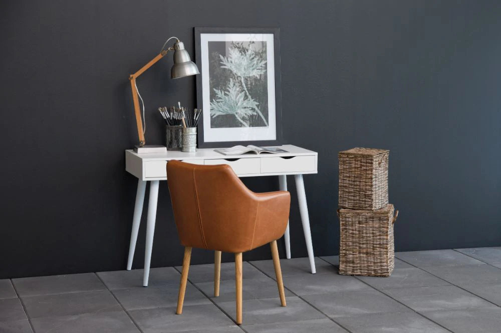 Victoria Home Office Desk White with White Legs and White Drawers 5 with Brown Leather Armchair and Stacks of Basket