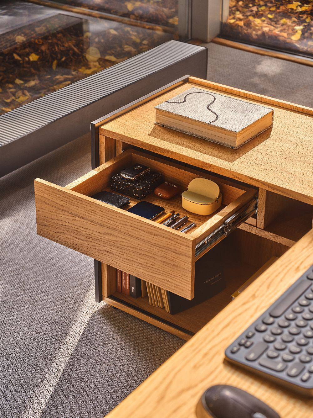 Viga Executive Desk with Side Storage and Pedestal with Table Lamp in Modern Office Setting 2