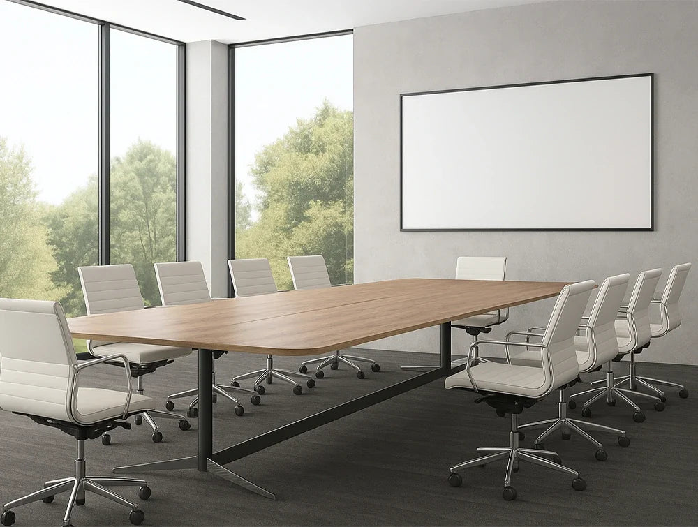 Ws.D Harmon Multiple Cylinder Based Table with White Armchair in Meeting Room Setting