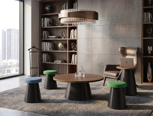 WsD Kontera Stools with Round Coffee Table and Wooden Bookcases
