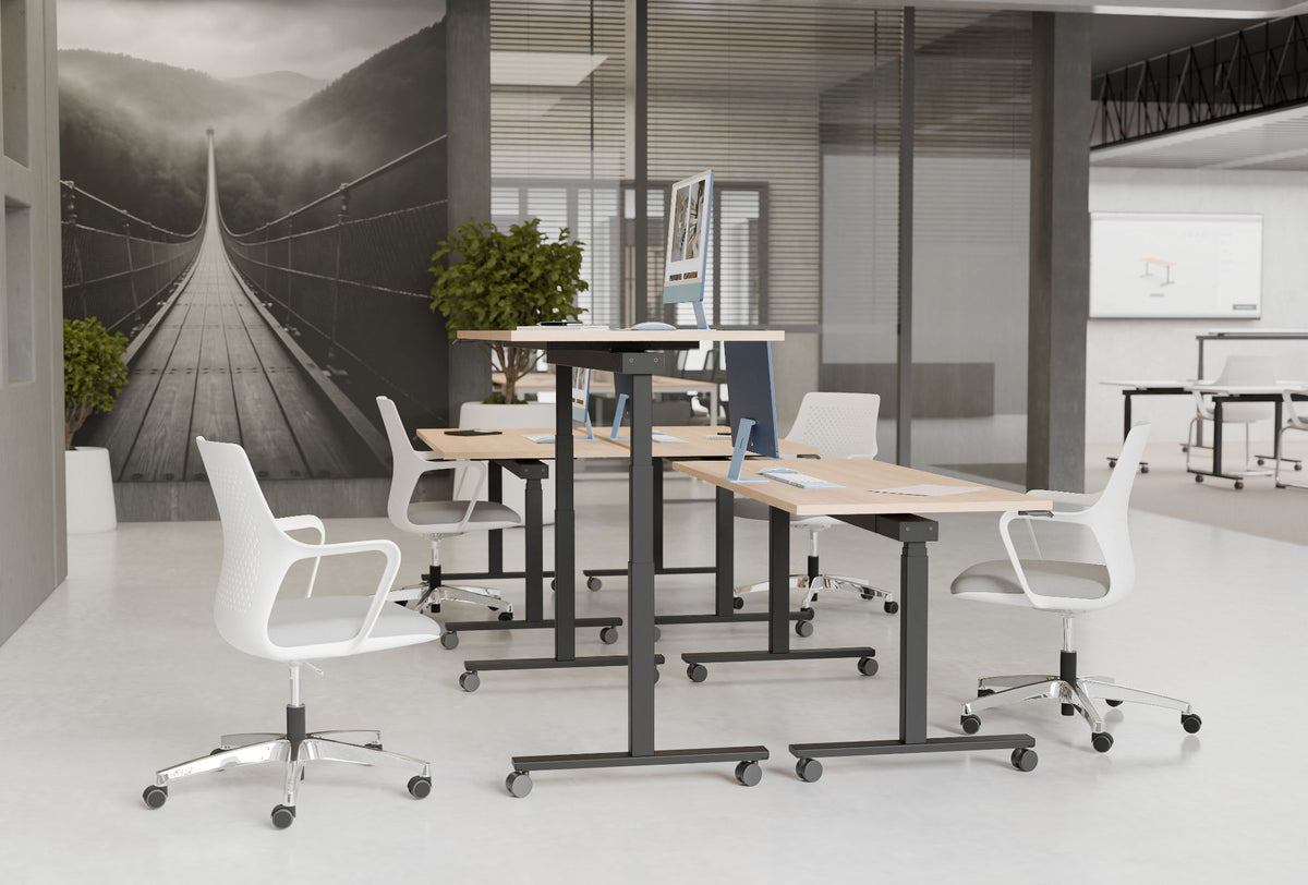 WsD Mara Mobile and Tilting Height Adjustable Table with Gesture Five Star Castors Meeting Room Chair in Modern Office Setting