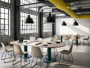 WsD Nexis Plus Cylinder Round Base Meeting Table with D End Table Top with Chair in Modern Office Setting