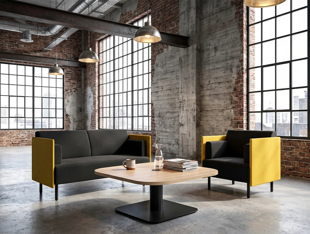 WsD Nexis Plus Cylinder Square Base Coffee Table with Square Table Top with Snug Soft Seating in Modern Breakout Setting