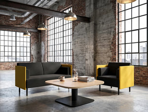 WsD Nexis Plus Cylinder Square Base Coffee Table with Square Table Top with Snug Soft Seating in Modern Breakout Setting