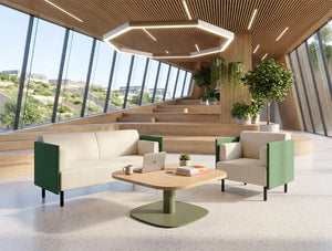 WsD Nexis Plus Cylinder Squircle Base Coffee Table with Square Table Top with Snug Soft Seating in Modern Breakout Setting 2
