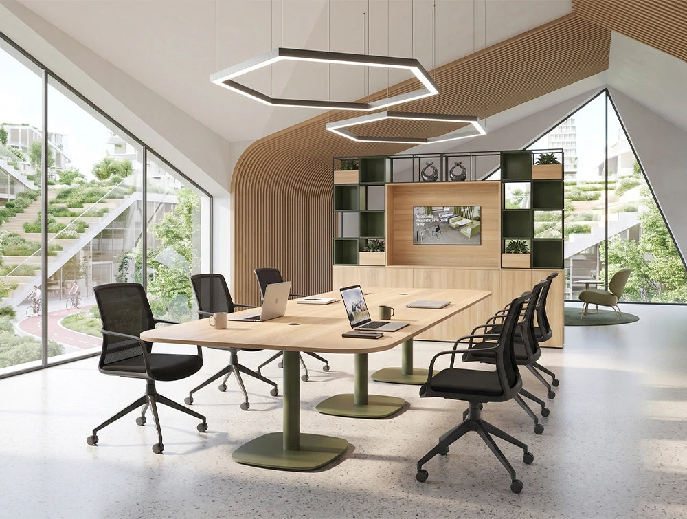 WsD Nexis Plus Cylinder Squircle Base Meeting Table with Rectangular Table Top with Vela Chair in Modern Open Space Meeting Room Setting