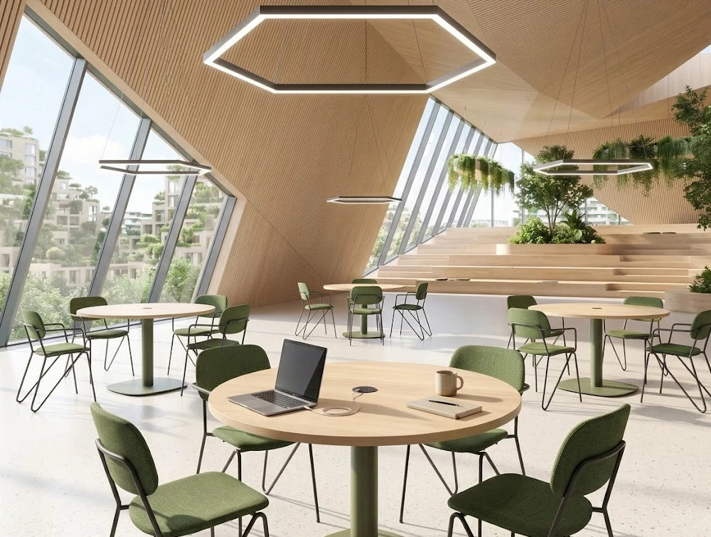 WsD Nexis Plus Cylinder Squircle Base Table with Round Table Top with Line Chair in Modern Cafeteria Setting