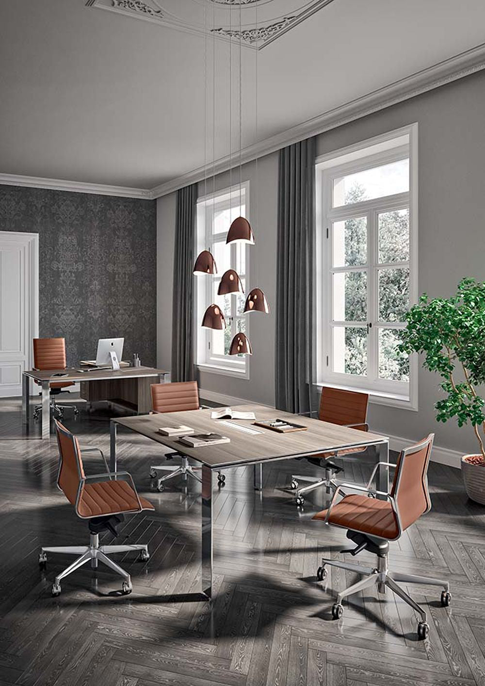 X7 Meeting Room Table with Mobile Chair and Indoor Plant in Modern Office Setting